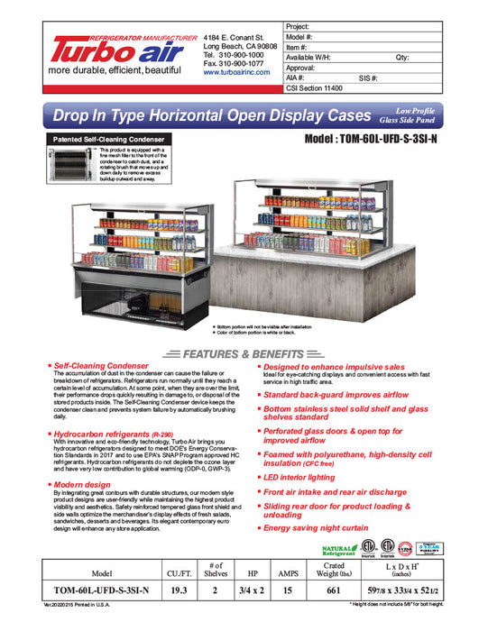 Turbo Air TOM-60L-UFD-S-3SI-N 60" Drop-In Horizontal Open Air Cooler w/ (3) Levels – Stainless Steel Exterior, 115v - Donut-Equipment.com