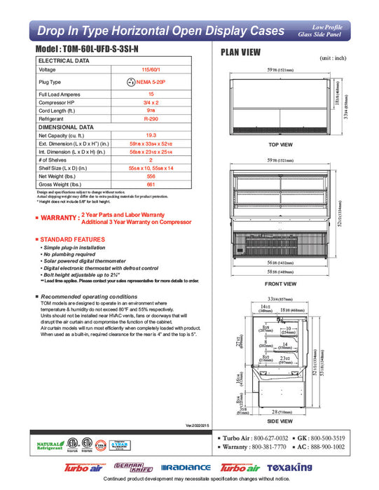 Turbo Air TOM-60L-UFD-S-3SI-N 60" Drop-In Horizontal Open Air Cooler w/ (3) Levels – Stainless Steel Exterior, 115v - Donut-Equipment.com