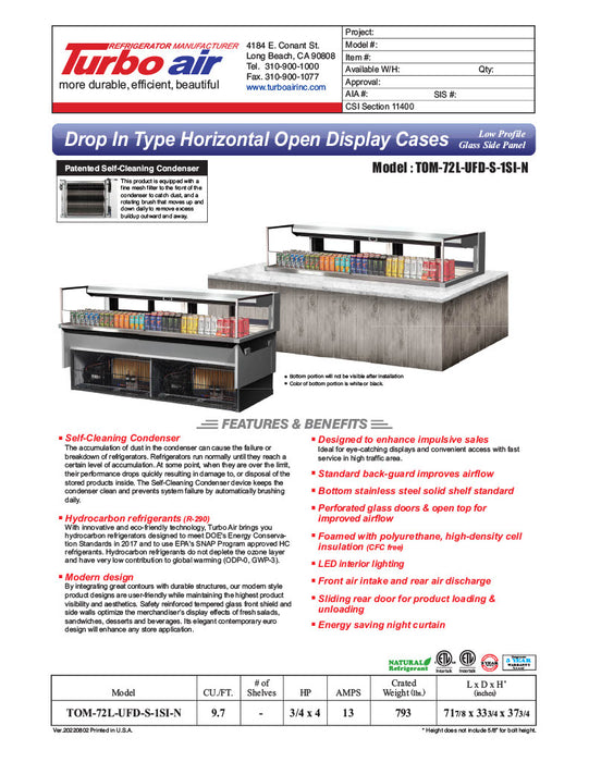 Turbo Air TOM-72L-UFD-S-1SI-N 72" Drop-In Horizontal Open Air Cooler w/ (1) Level – Stainless Steel Exterior, 220v/1ph - Donut-Equipment.com