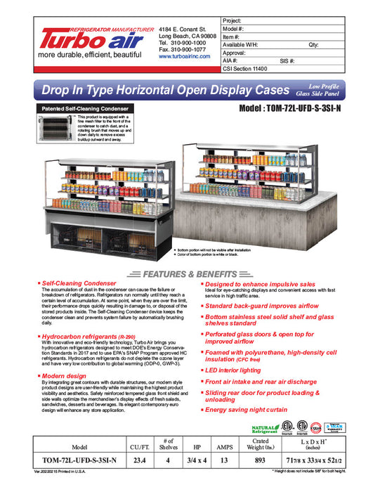 Turbo Air TOM-72L-UFD-W-3SI-N 72" Drop-In Horizontal Open Air Cooler w/ (4) Levels – White Exterior, 220v/1ph - Donut-Equipment.com