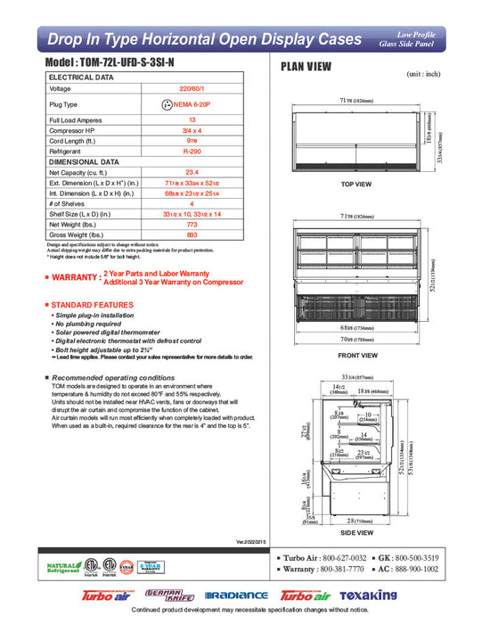 Turbo Air TOM-72L-UFD-W-3SI-N 72" Drop-In Horizontal Open Air Cooler w/ (4) Levels – White Exterior, 220v/1ph - Donut-Equipment.com
