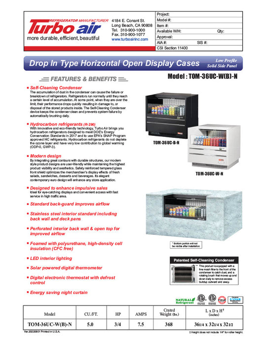 Turbo Air TOM-36UC-W-N 36 1/4" Horizontal Open Air Cooler w/ (1) Level – White Exterior, 115v - Donut-Equipment.com