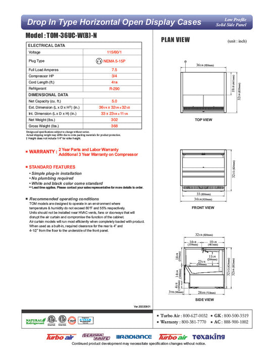 Turbo Air TOM-36UC-W-N 36 1/4" Horizontal Open Air Cooler w/ (1) Level – White Exterior, 115v - Donut-Equipment.com