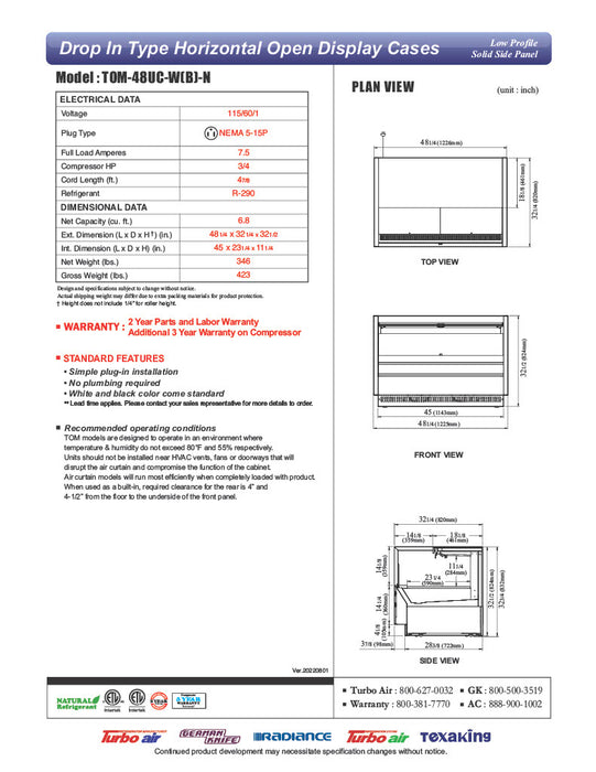 Turbo Air TOM-48UC-W-N 48 1/4" Horizontal Open Air Cooler w/ (1) Level – White Exterior, 115v - Donut-Equipment.com