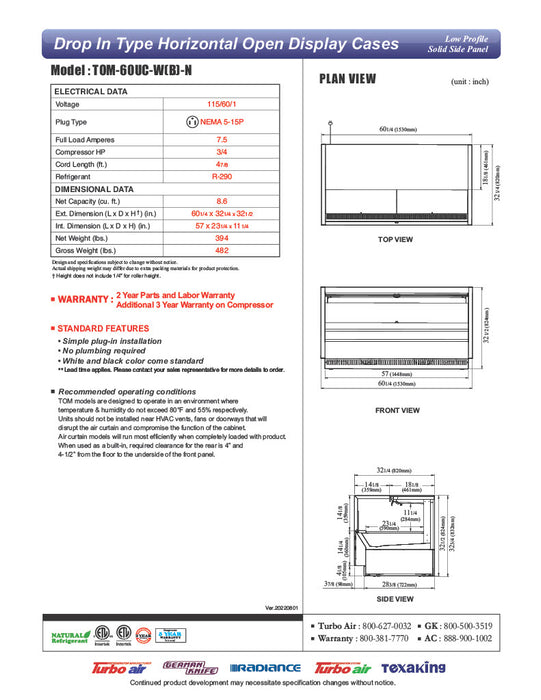 Turbo Air TOM-60UC-W-N 60 1/4" Horizontal Open Air Cooler w/ (1) Level – White Exterior, 115v - Donut-Equipment.com