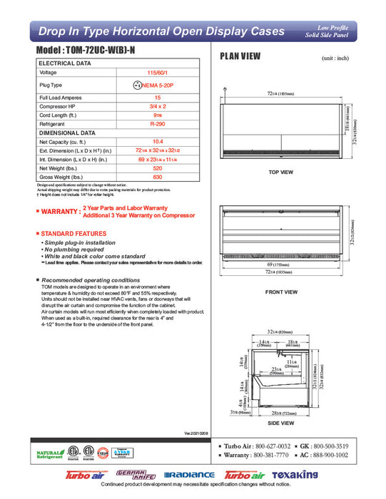 Turbo Air TOM-72UC-W-N 72 1/4" Horizontal Open Air Cooler w/ (1) Level – White Exterior, 115v - Donut-Equipment.com