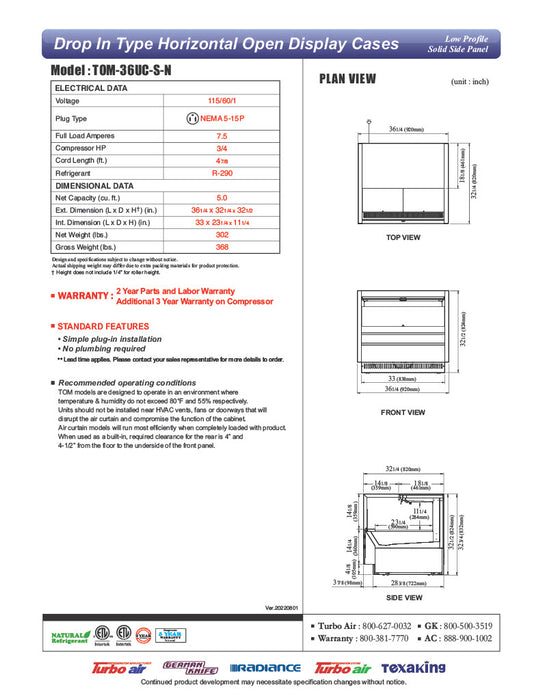 Turbo Air TOM-36UC-S-N 36 1/4" Drop-In Horizontal Open Air Cooler w/ (1) Level – Stainless Steel Exterior, 115v - Donut-Equipment.com