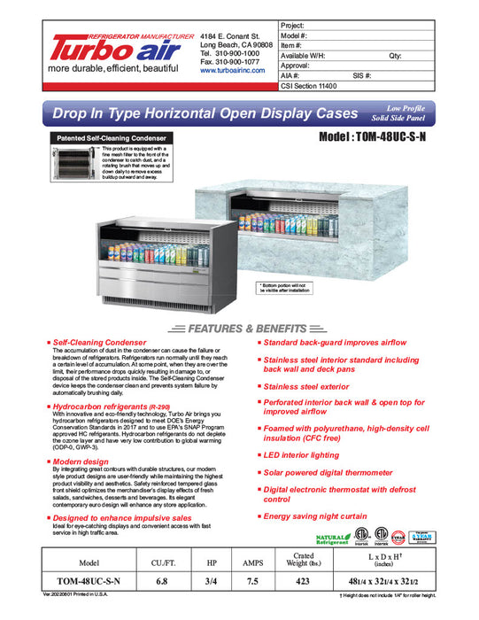 Turbo Air TOM-48UC-S-N 48 1/4" Drop-In Horizontal Open Air Cooler w/ (1) Level – Stainless Steel Exterior, 115v - Donut-Equipment.com