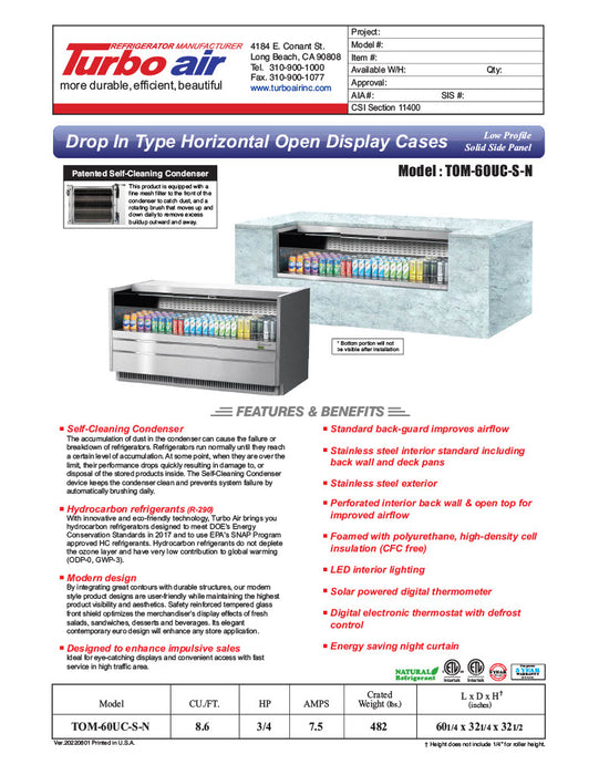 Turbo Air TOM-60UC-S-N 60 1/4" Drop-In Horizontal Open Air Cooler w/ (1) Level – Stainless Steel Exterior, 115v - Donut-Equipment.com
