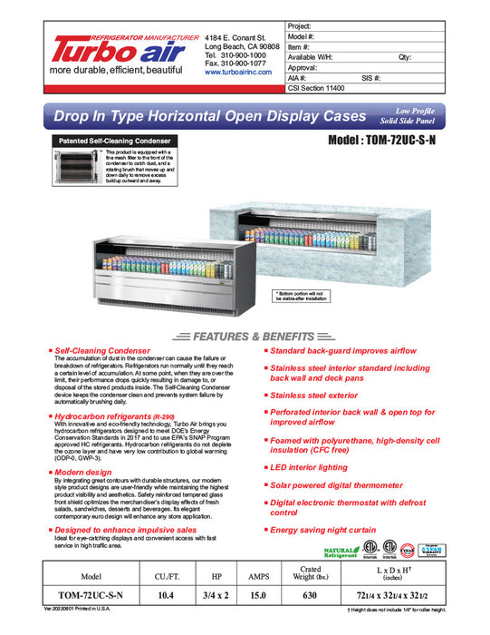 Turbo Air TOM-72UC-S-N 72 1/4" Drop-In Horizontal Open Air Cooler w/ (1) Level – Stainless Steel Exterior, 115v - Donut-Equipment.com