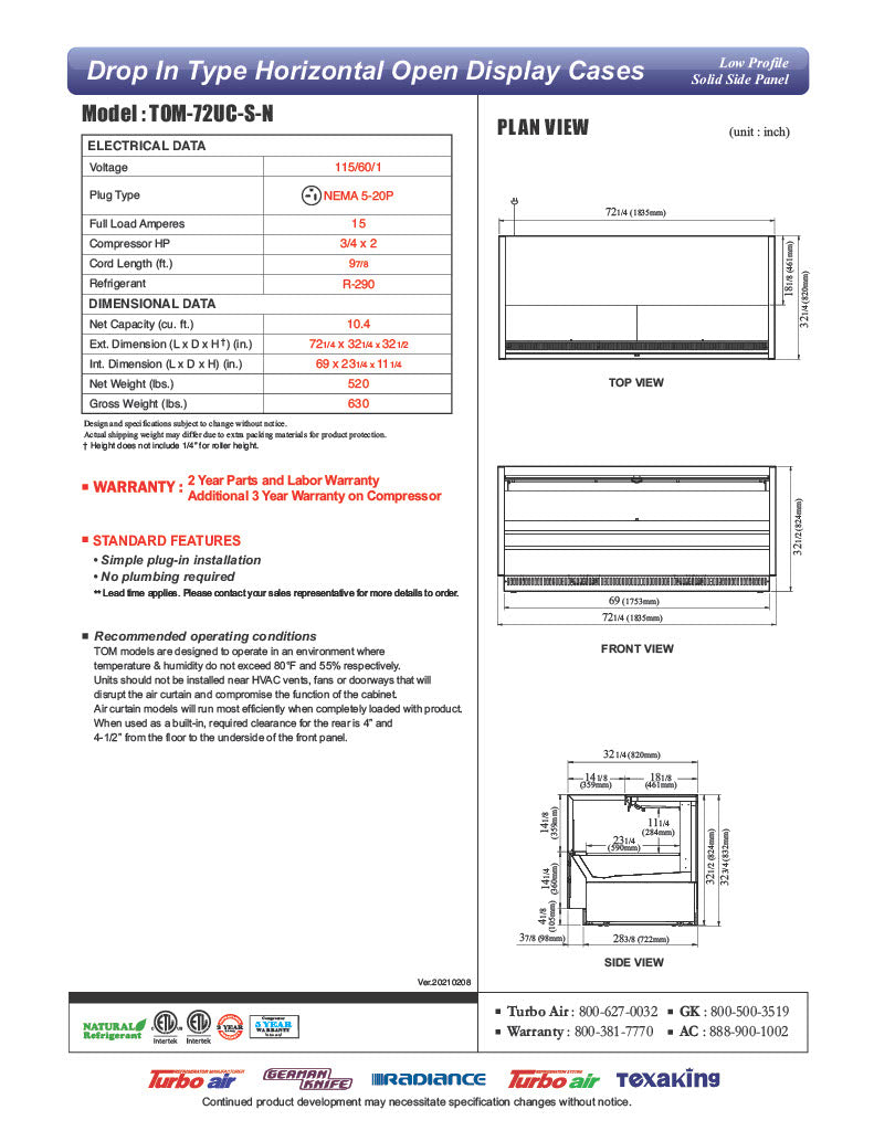 Turbo Air TOM-72UC-S-N 72 1/4" Drop-In Horizontal Open Air Cooler w/ (1) Level – Stainless Steel Exterior, 115v - Donut-Equipment.com