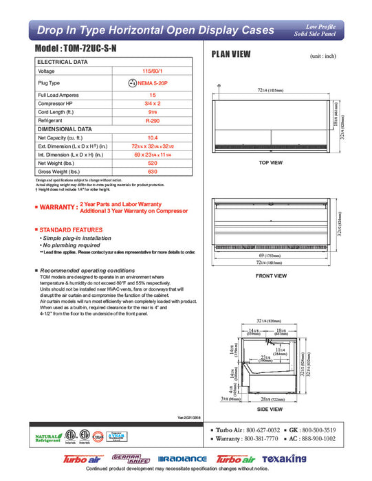 Turbo Air TOM-72UC-S-N 72 1/4" Drop-In Horizontal Open Air Cooler w/ (1) Level – Stainless Steel Exterior, 115v - Donut-Equipment.com