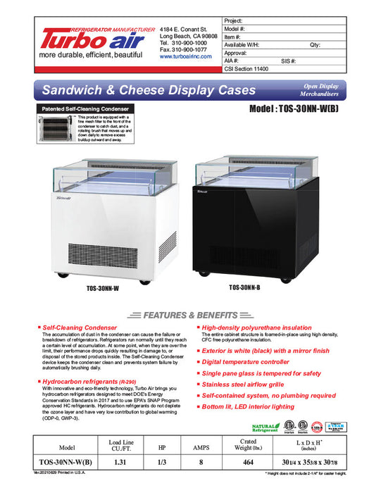 Turbo Air TOS-30NN-W 30" White Horizontal Open Display Merchandiser / Air Curtain Sandwich and Cheese Display Case – 1 Level, 115v - Donut-Equipment.com