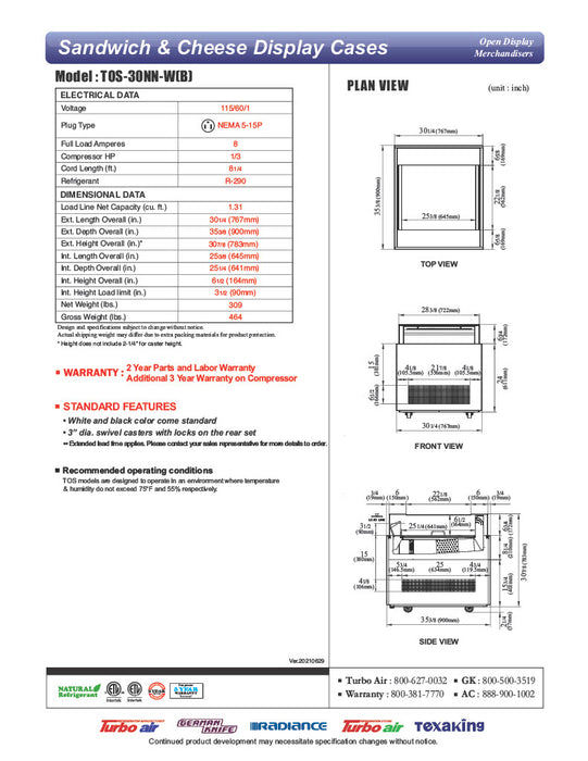 Turbo Air TOS-30NN-W 30" White Horizontal Open Display Merchandiser / Air Curtain Sandwich and Cheese Display Case – 1 Level, 115v - Donut-Equipment.com