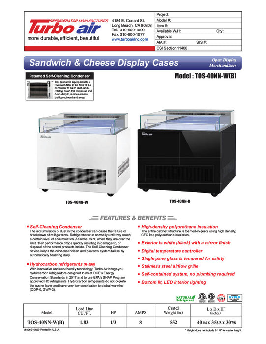 Turbo Air TOS-40NN-W 40" White Horizontal Open Display Merchandiser / Air Curtain Sandwich and Cheese Display Case – 1 Level, 115v - Donut-Equipment.com