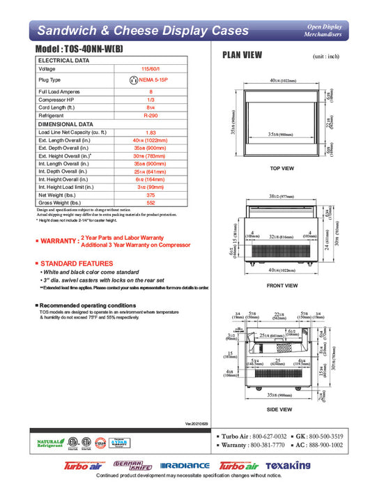 Turbo Air TOS-40NN-W 40" White Horizontal Open Display Merchandiser / Air Curtain Sandwich and Cheese Display Case – 1 Level, 115v - Donut-Equipment.com