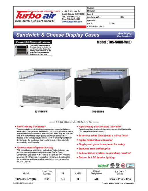 Turbo Air TOS-50NN-W 50" White Horizontal Open Display Merchandiser / Air Curtain Sandwich and Cheese Display Case – 1 Level, 115v - Donut-Equipment.com