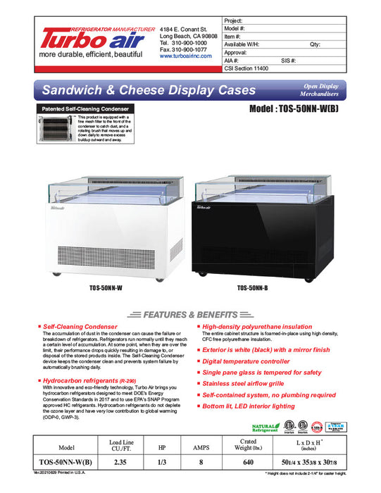 Turbo Air TOS-50NN-W 50" White Horizontal Open Display Merchandiser / Air Curtain Sandwich and Cheese Display Case – 1 Level, 115v - Donut-Equipment.com