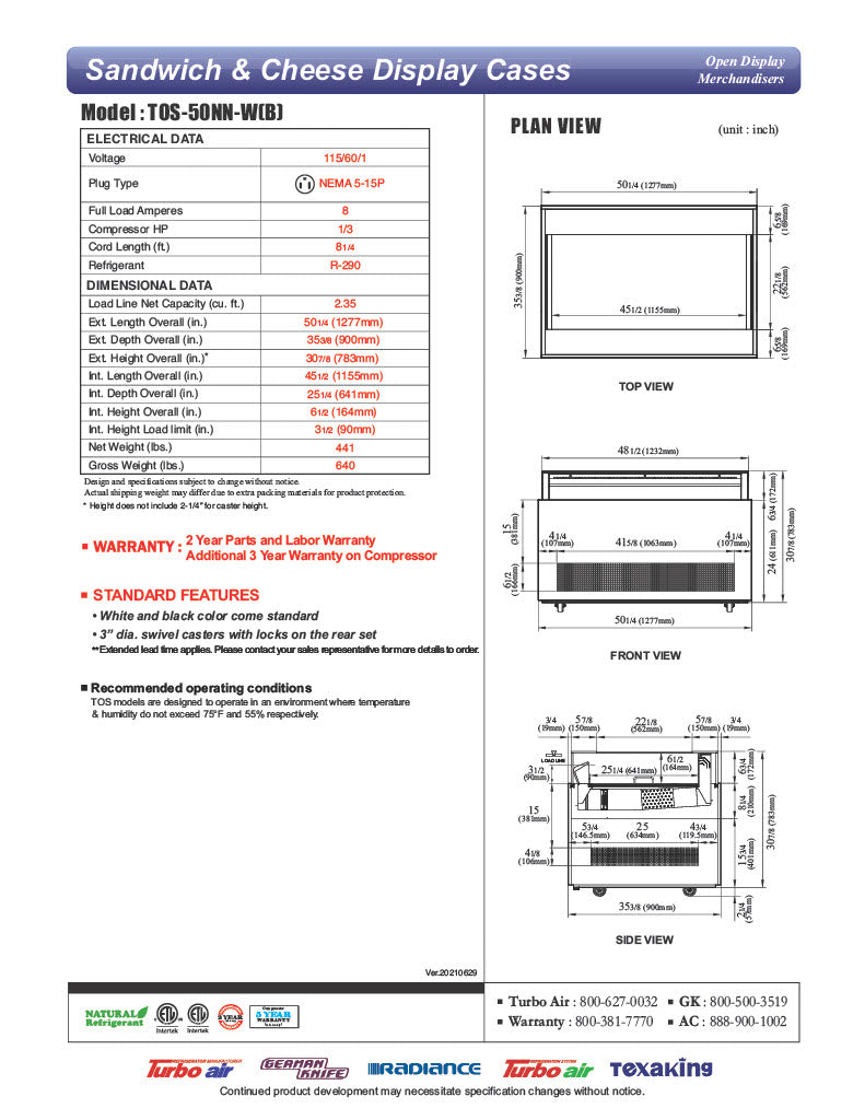 Turbo Air TOS-50NN-W 50" White Horizontal Open Display Merchandiser / Air Curtain Sandwich and Cheese Display Case – 1 Level, 115v - Donut-Equipment.com
