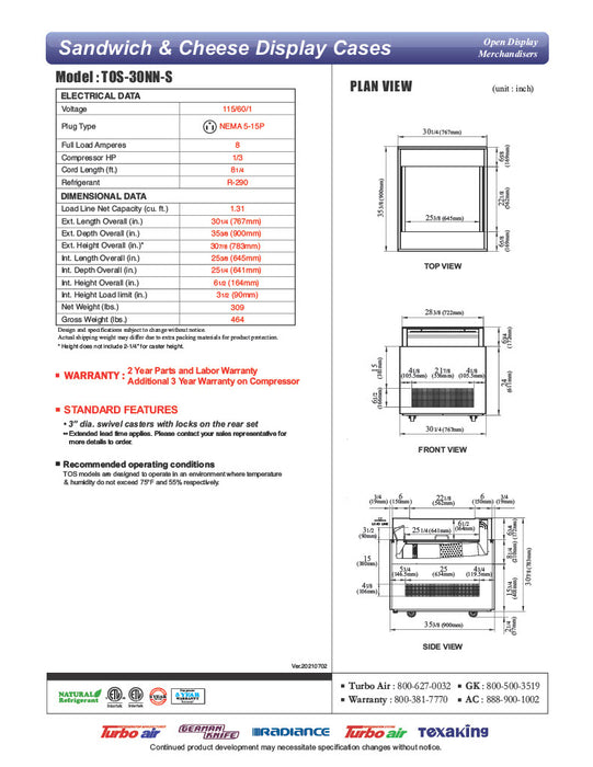 Turbo Air TOS-30NN-S 30 1/4" Stainless Steel Horizontal Open Display Merchandiser / Air Curtain Sandwich and Cheese Display Case – 1 Level, 115v - Donut-Equipment.com