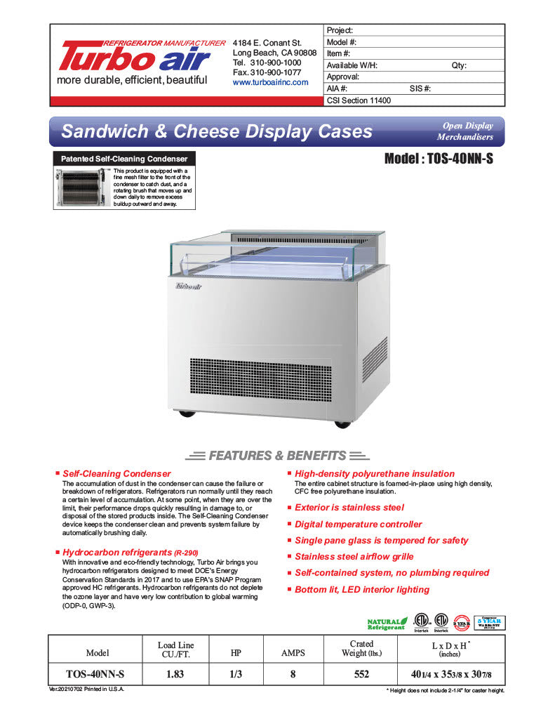 Turbo Air TOS-40NN-S 40 1/4" Stainless Steel Horizontal Open Display Merchandiser / Air Curtain Sandwich and Cheese Display Case – 1 Level, 115v - Donut-Equipment.com