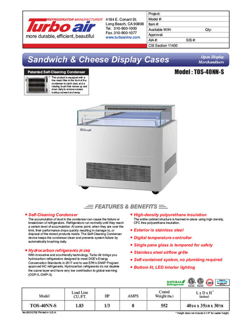 Turbo Air TOS-40NN-S 40 1/4" Stainless Steel Horizontal Open Display Merchandiser / Air Curtain Sandwich and Cheese Display Case – 1 Level, 115v - Donut-Equipment.com