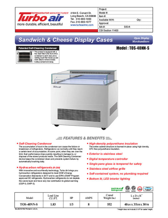 Turbo Air TOS-40NN-S 40 1/4" Stainless Steel Horizontal Open Display Merchandiser / Air Curtain Sandwich and Cheese Display Case – 1 Level, 115v - Donut-Equipment.com