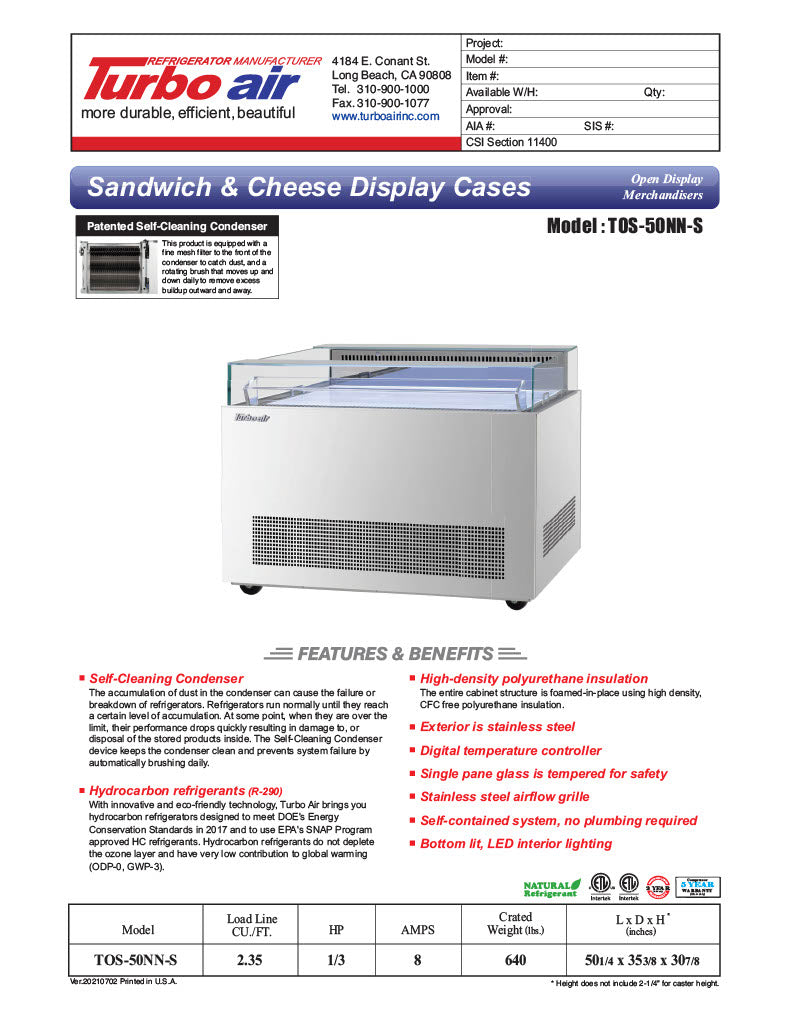 Turbo Air TOS-50NN-S 50 1/4" Stainless Steel Horizontal Open Display Merchandiser / Air Curtain Sandwich and Cheese Display Case – 1 Level, 115v - Donut-Equipment.com