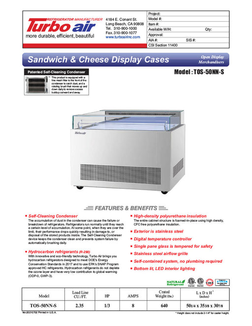 Turbo Air TOS-50NN-S 50 1/4" Stainless Steel Horizontal Open Display Merchandiser / Air Curtain Sandwich and Cheese Display Case – 1 Level, 115v - Donut-Equipment.com
