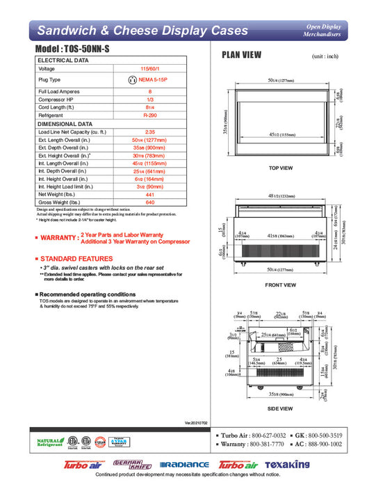 Turbo Air TOS-50NN-S 50 1/4" Stainless Steel Horizontal Open Display Merchandiser / Air Curtain Sandwich and Cheese Display Case – 1 Level, 115v - Donut-Equipment.com