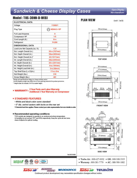 Turbo Air TOS-30NN-D-W 30 1/4" White Horizontal Open Display Merchandiser / Air Curtain Sandwich and Cheese Display Case – 1 Level, 115v - Donut-Equipment.com
