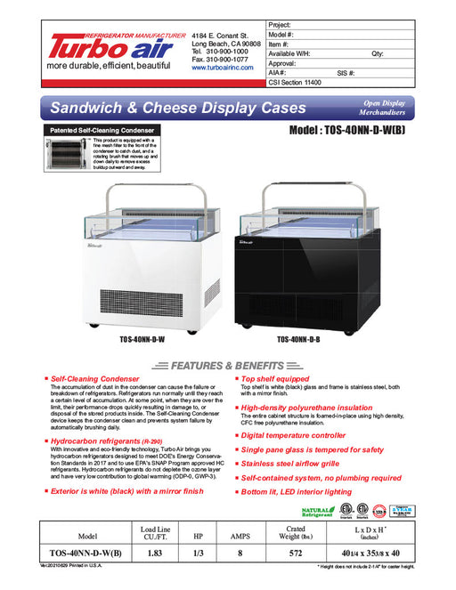 Turbo Air TOS-40NN-D-W 40 1/4" White Horizontal Open Display Merchandiser / Air Curtain Sandwich and Cheese Display Case – 1 Level with Top Shelf, 115v - Donut-Equipment.com