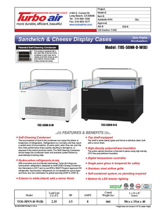 Turbo Air TOS-50NN-D-W 50 1/4" White Horizontal Open Display Merchandiser / Air Curtain Sandwich and Cheese Display Case – 1 Level with Top Shelf, 115v (Copy) - Donut-Equipment.com