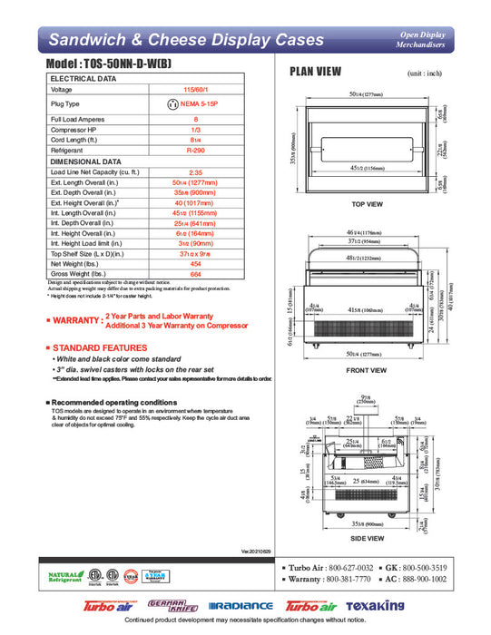 Turbo Air TOS-50NN-D-W 50 1/4" White Horizontal Open Display Merchandiser / Air Curtain Sandwich and Cheese Display Case – 1 Level with Top Shelf, 115v (Copy) - Donut-Equipment.com