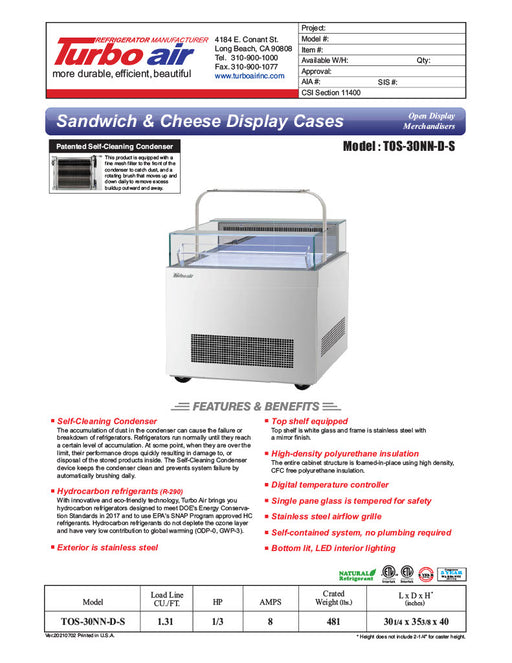 Turbo Air TOS-30NN-D-S 30 1/4" Stainless Steel Horizontal Open Display Merchandiser / Air Curtain Sandwich and Cheese Display Case – 1 Level with Top Shelf, 115v - Donut-Equipment.com