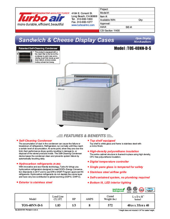 Turbo Air TOS-40NN-D-S 40 1/4" Stainless Steel Horizontal Open Display Merchandiser / Air Curtain Sandwich and Cheese Display Case – 1 Level with Top Shelf, 115v - Donut-Equipment.com