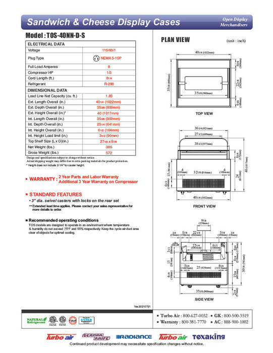 Turbo Air TOS-40NN-D-S 40 1/4" Stainless Steel Horizontal Open Display Merchandiser / Air Curtain Sandwich and Cheese Display Case – 1 Level with Top Shelf, 115v - Donut-Equipment.com