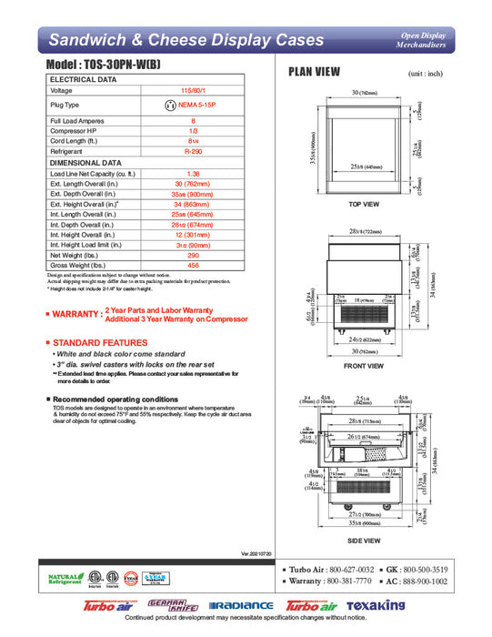 Turbo Air TOS-30PN-W 30" White Horizontal Open Display Merchandiser / Air Curtain Sandwich and Cheese Display Case – 1 Level, 115v - Donut-Equipment.com