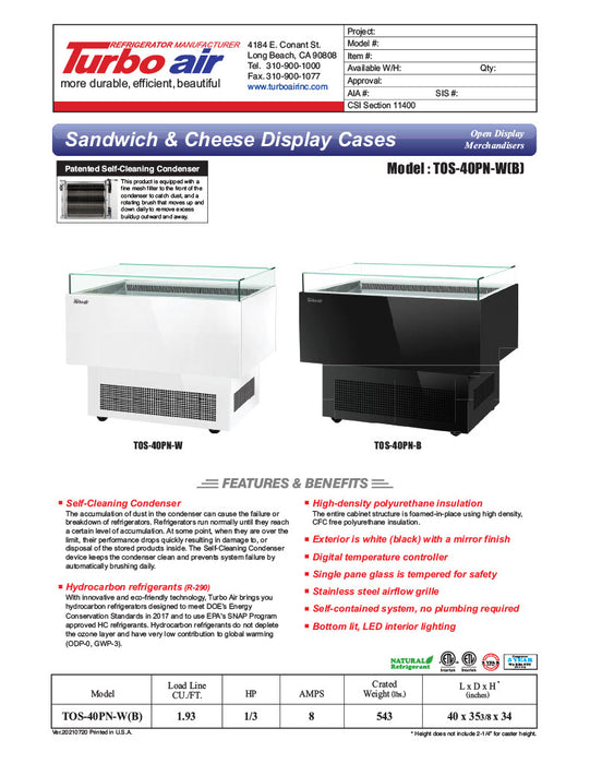 Turbo Air TOS-40PN-W 40" White Horizontal Open Display Merchandiser / Air Curtain Sandwich and Cheese Display Case – 1 Level, 115v - Donut-Equipment.com