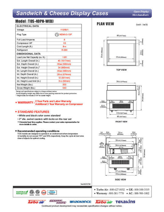 Turbo Air TOS-40PN-W 40" White Horizontal Open Display Merchandiser / Air Curtain Sandwich and Cheese Display Case – 1 Level, 115v - Donut-Equipment.com