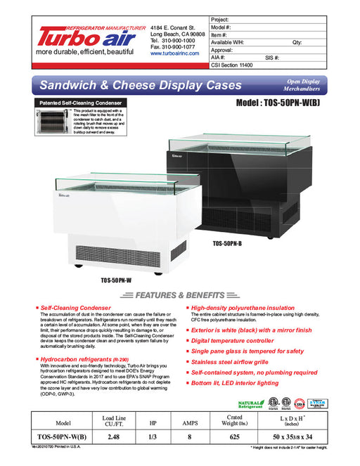 Turbo Air TOS-50PN-W 50" White Horizontal Open Display Merchandiser / Air Curtain Sandwich and Cheese Display Case – 1 Level, 115v - Donut-Equipment.com