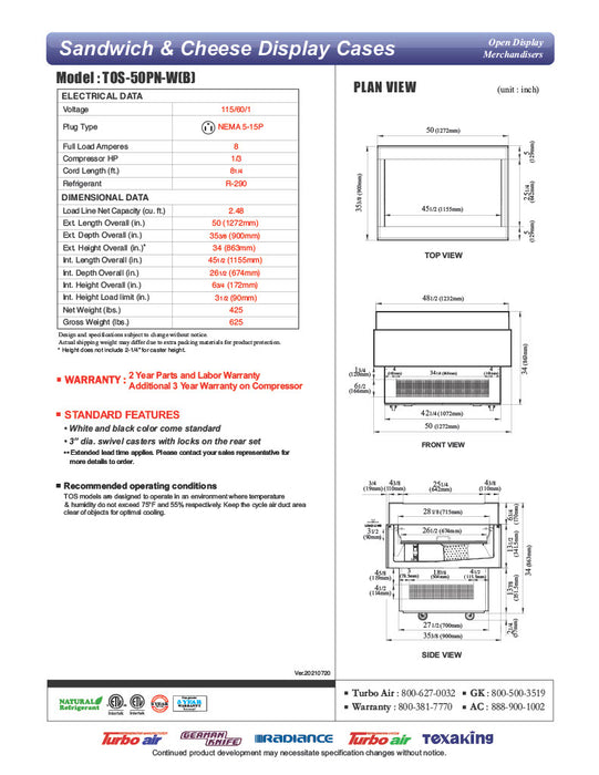 Turbo Air TOS-50PN-W 50" White Horizontal Open Display Merchandiser / Air Curtain Sandwich and Cheese Display Case – 1 Level, 115v - Donut-Equipment.com
