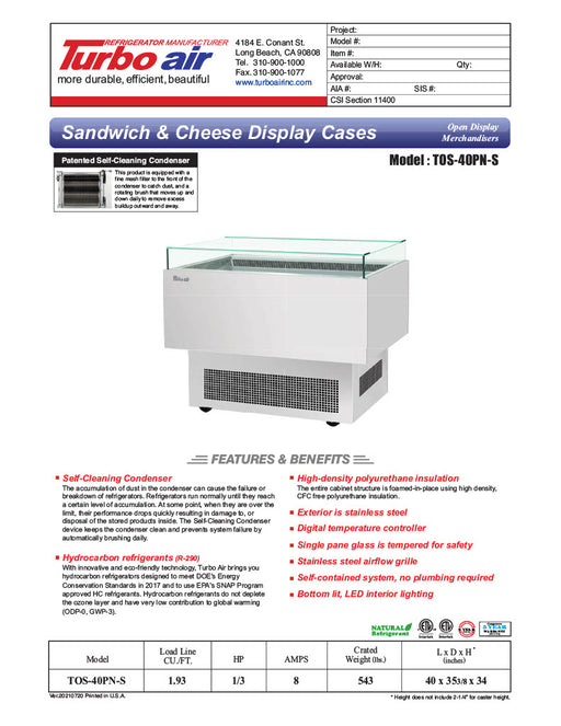 Turbo Air TOS-40PN-S 40" Stainless Steel Horizontal Open Display Merchandiser / Air Curtain Sandwich and Cheese Display Case – 1 Level, 115v - Donut-Equipment.com
