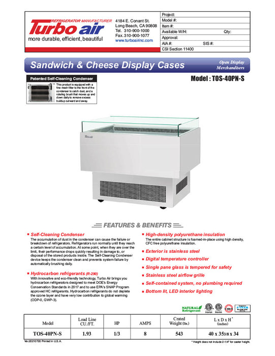 Turbo Air TOS-40PN-S 40" Stainless Steel Horizontal Open Display Merchandiser / Air Curtain Sandwich and Cheese Display Case – 1 Level, 115v - Donut-Equipment.com