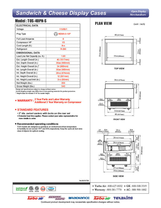 Turbo Air TOS-40PN-S 40" Stainless Steel Horizontal Open Display Merchandiser / Air Curtain Sandwich and Cheese Display Case – 1 Level, 115v - Donut-Equipment.com