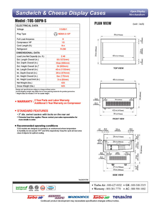 Turbo Air TOS-50PN-S 50" Stainless Steel Horizontal Open Display Merchandiser / Air Curtain Sandwich and Cheese Display Case – 1 Level, 115v - Donut-Equipment.com