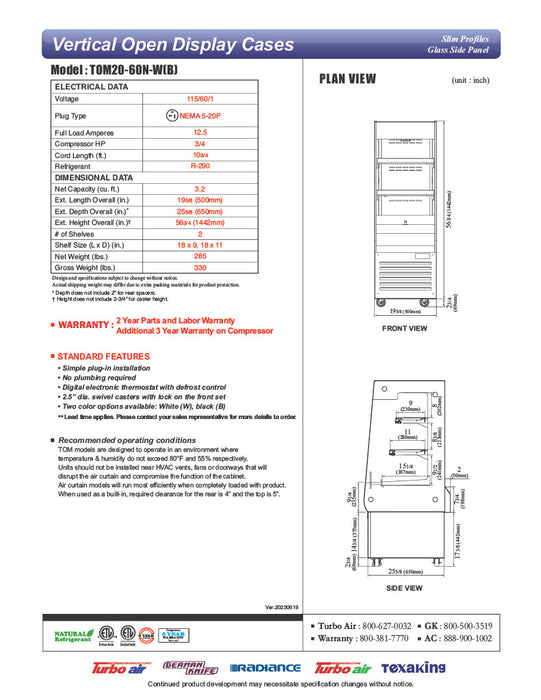 Turbo Air TOM20-60N-W 19 5/8" White Vertical Open Air Cooler – 3 Levels, 115v - Donut-Equipment.com