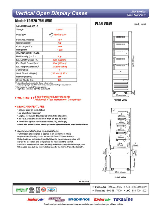 Turbo Air TOM20-75N-W 19 5/8" White Vertical Open Air Cooler – 5 Levels, 115v - Donut-Equipment.com