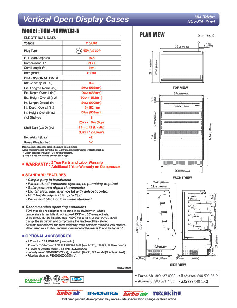 Turbo Air TOM-40MW-N 39" White Vertical Open Air Cooler – 4 Levels, 115v - Donut-Equipment.com