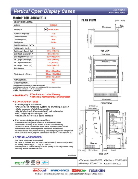 Turbo Air TOM-40MW-N 39" White Vertical Open Air Cooler – 4 Levels, 115v - Donut-Equipment.com